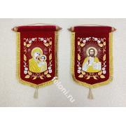 Хоругви, пара малая ,вышивка, "Господь Вседержитель" и "Казанская ",размер 24х 39 см, бархат бордовый, лики шелкография.